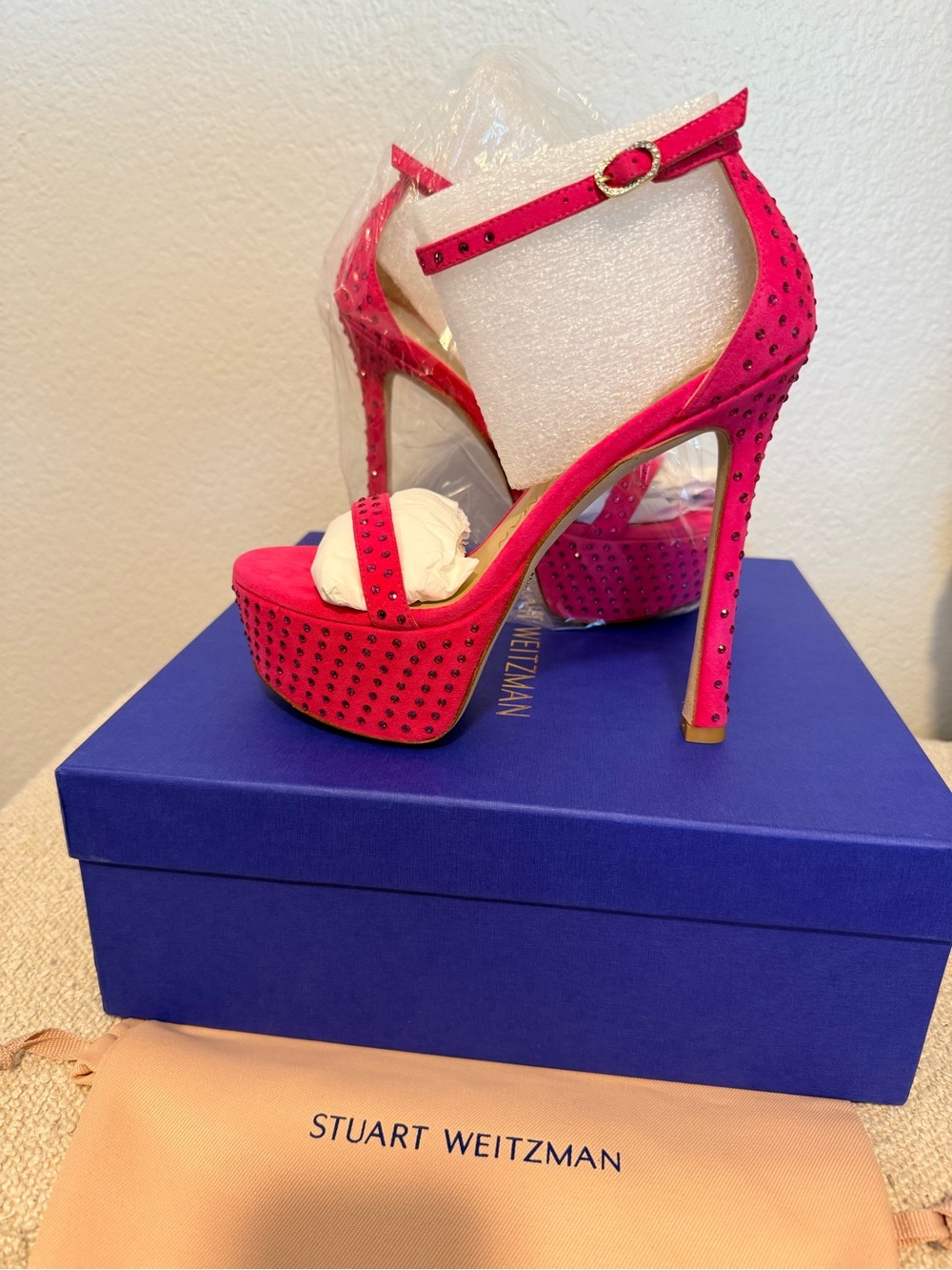 Stuart Weitzman Nudistcurve Hollywood Hot Pink/ Crystal Platform Heels
